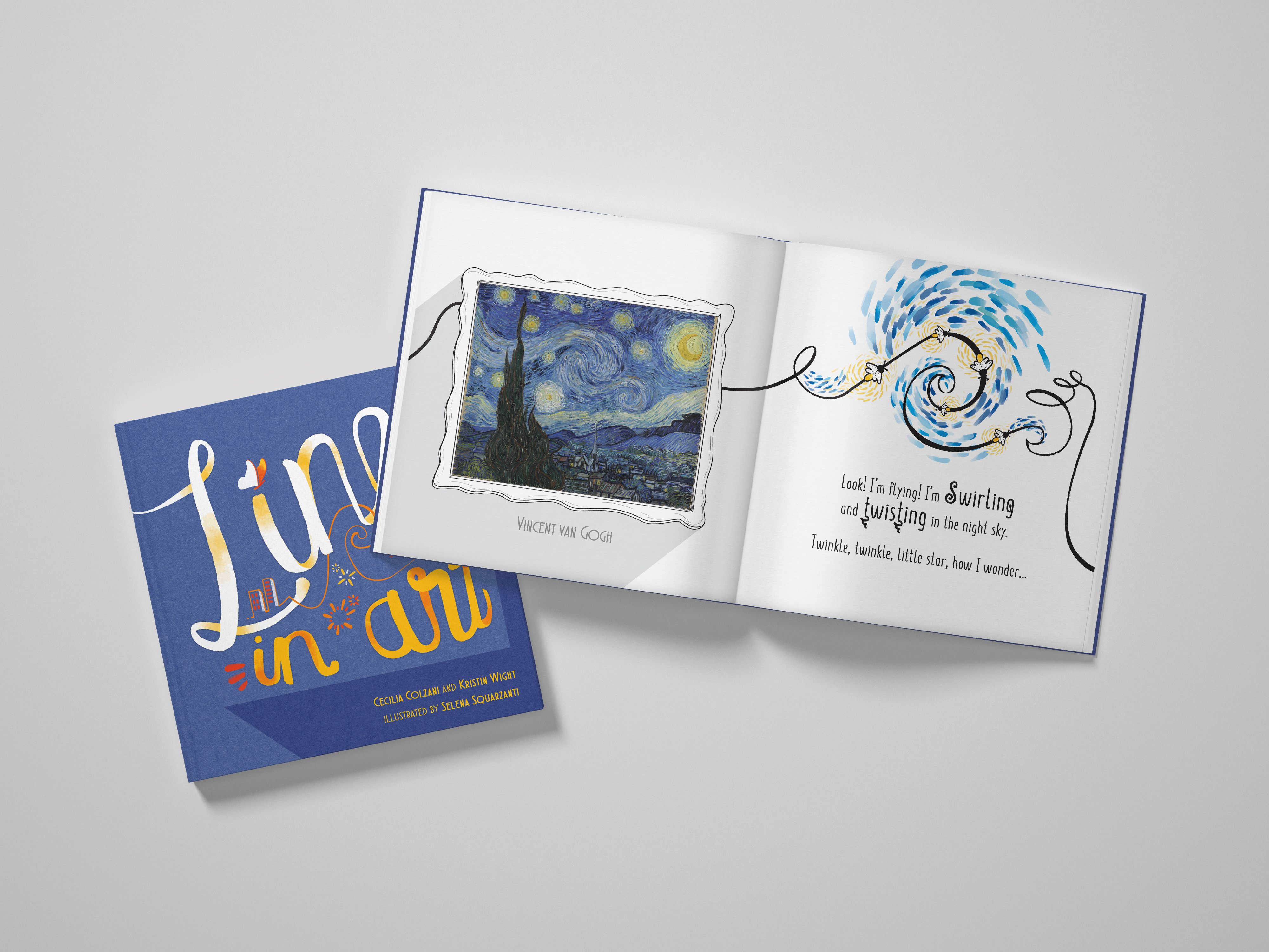Lines in Art book cover alongside the Van Gogh Starry Night interior spread, showing the book's format