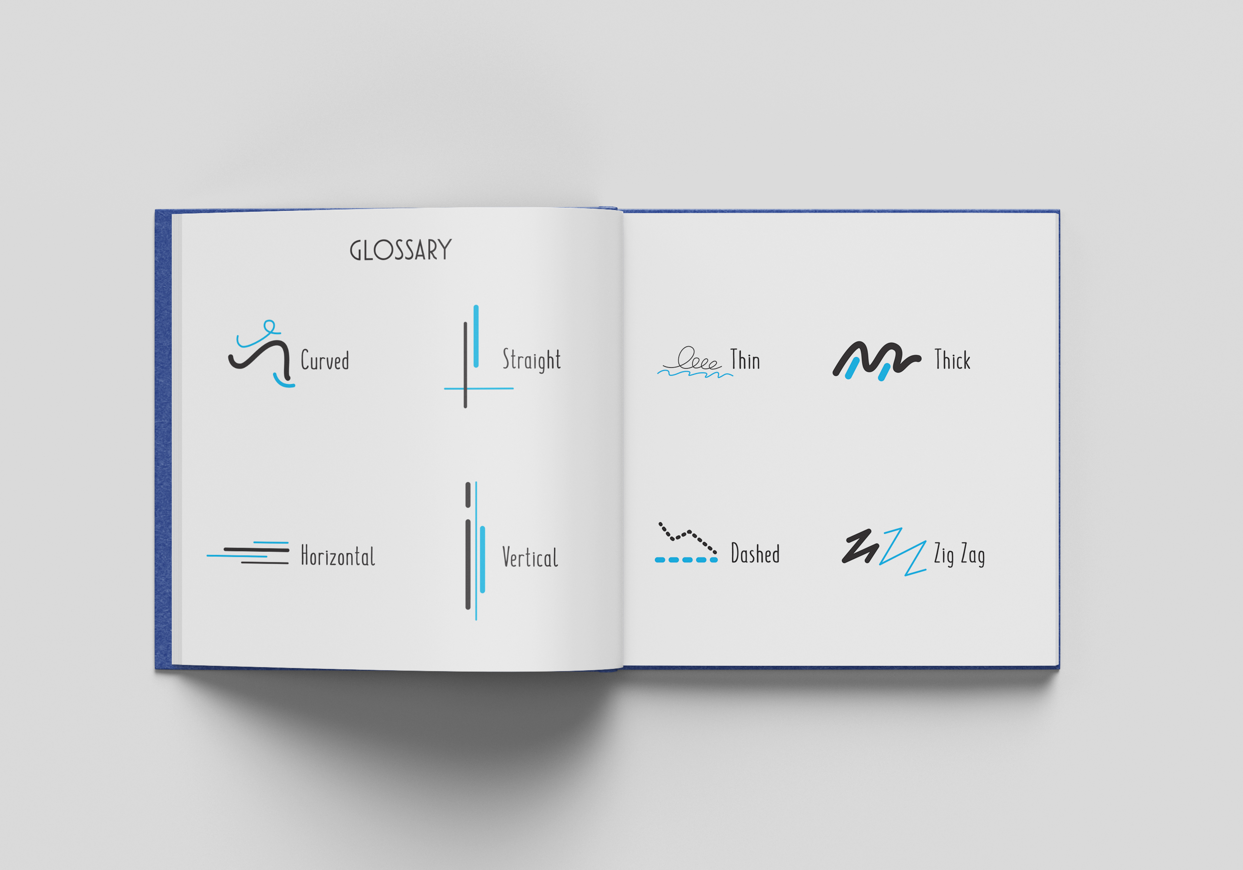Lines in Art glossary spread showing 8 line types: Curved, Straight, Thin, Thick, Horizontal, Vertical, Dashed, Zig Zag, each illustrated with a simple visual example