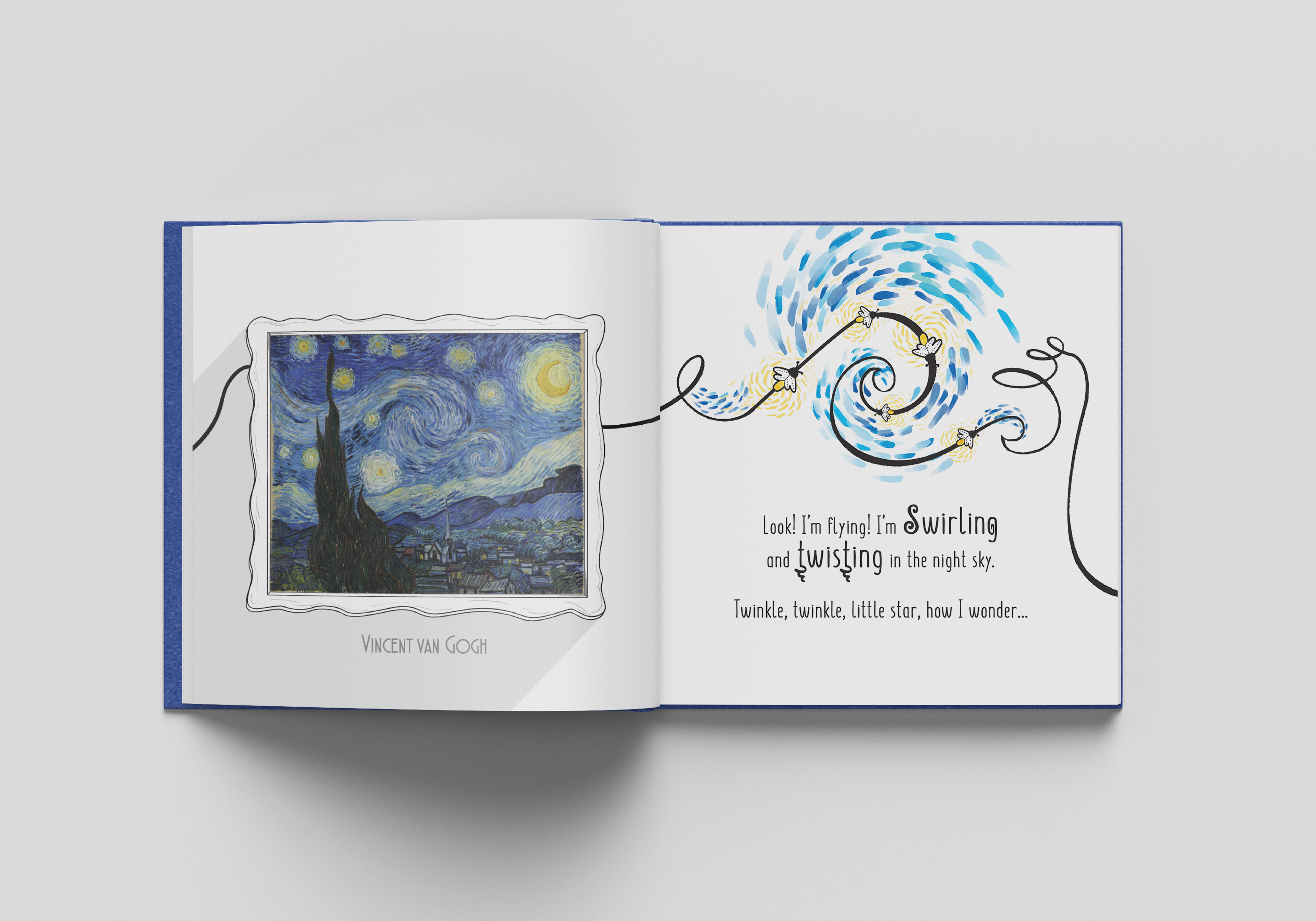 Interior spread: Van Gogh's Starry Night on the left, with an original illustration of a swirling, twisting line on the right and the text 'Look! I'm flying! I'm Swirling and twisting in the night sky.'
